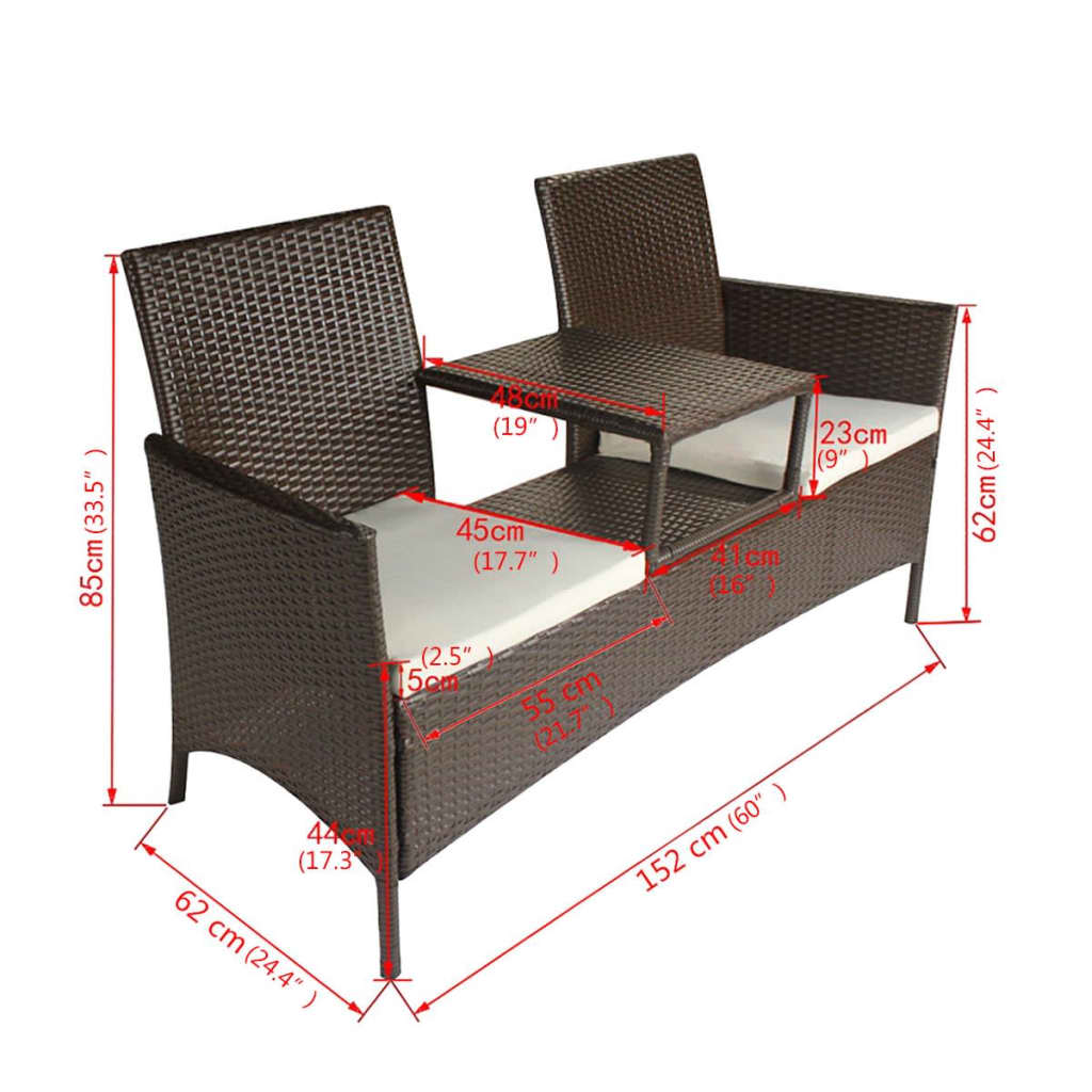 vidaXL 2-Sitzer-Gartensofa mit Teetisch Poly Rattan Braun