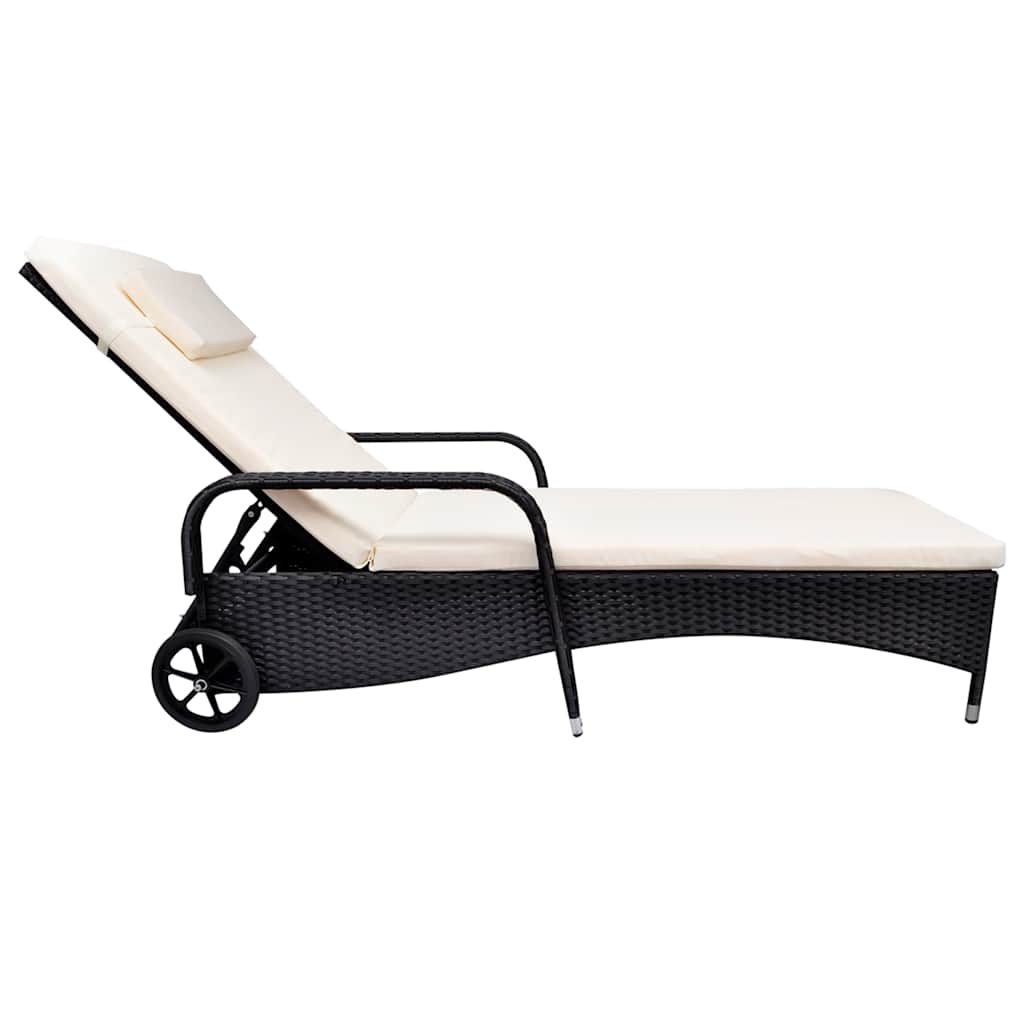 vidaXL Sonnenliege mit Polster & Rollen Poly Rattan Schwarz