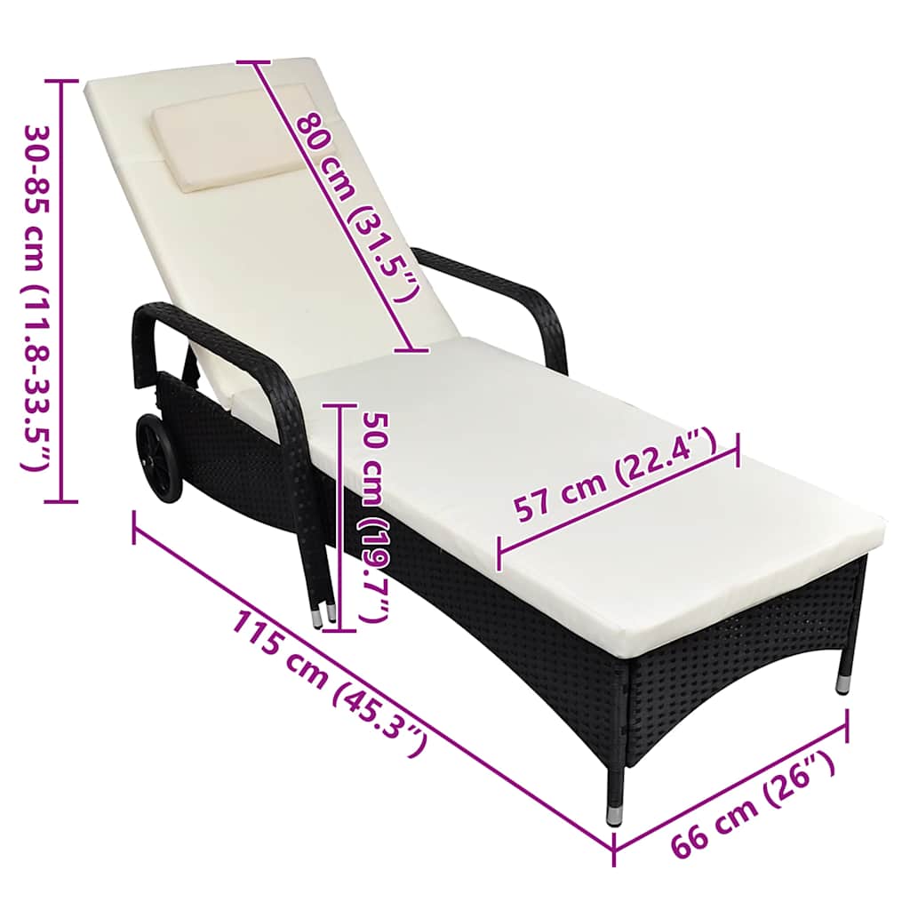 vidaXL Sonnenliege mit Polster & Rollen Poly Rattan Schwarz
