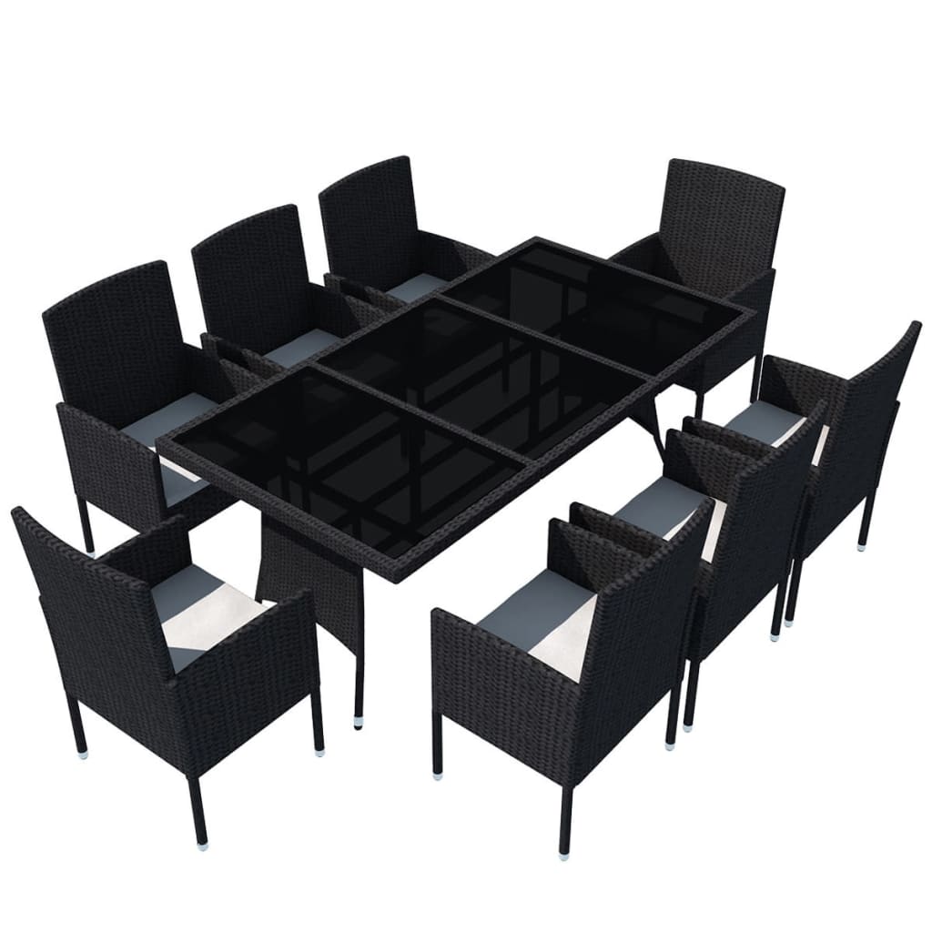 vidaXL 9-tlg. Garten-Essgruppe mit Kissen Poly Rattan Schwarz
