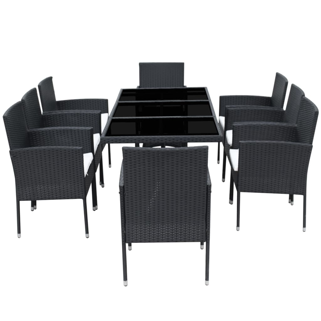 vidaXL 9-tlg. Garten-Essgruppe mit Kissen Poly Rattan Schwarz