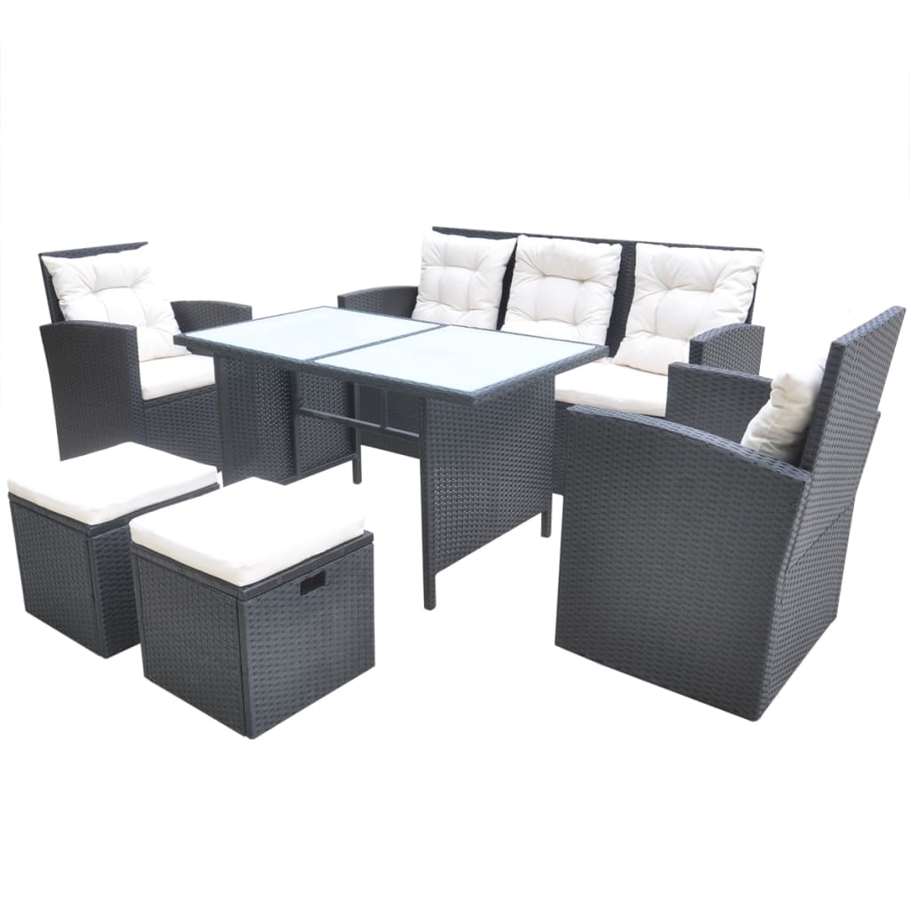 vidaXL 6-tlg. Garten-Essgruppe mit Kissen Poly Rattan Schwarz