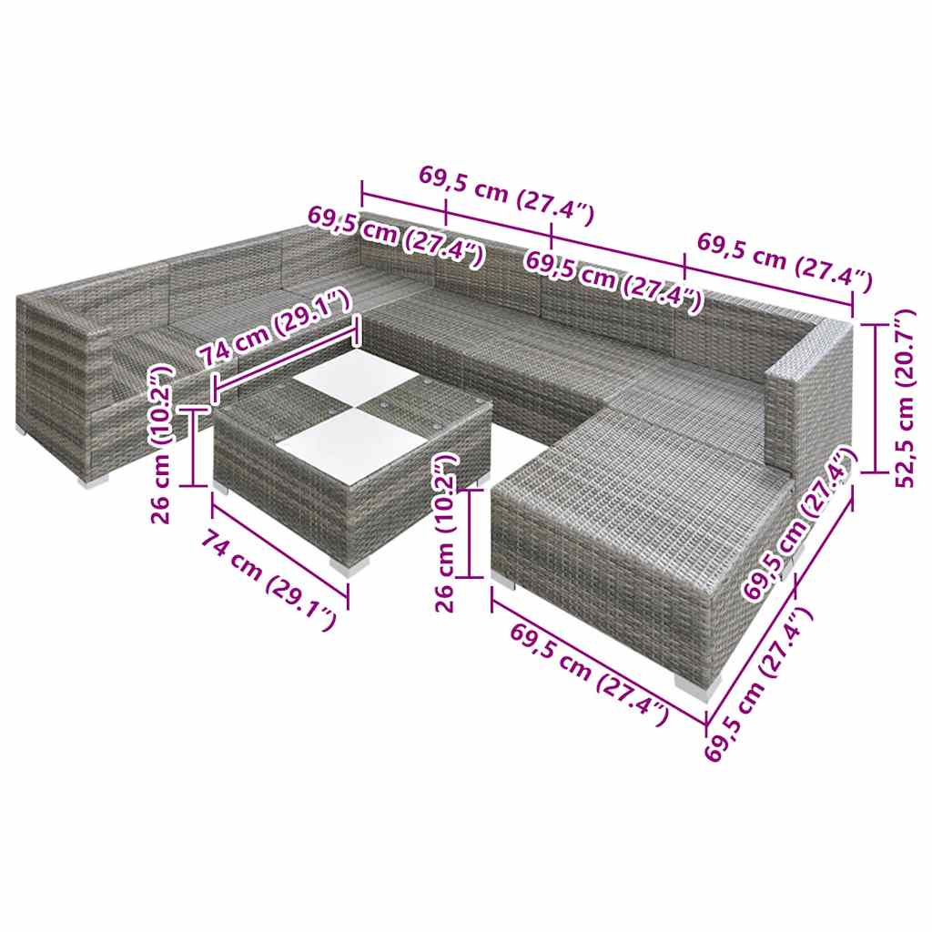 vidaXL 8-tlg. Garten-Lounge-Set mit Auflagen Poly Rattan Grau