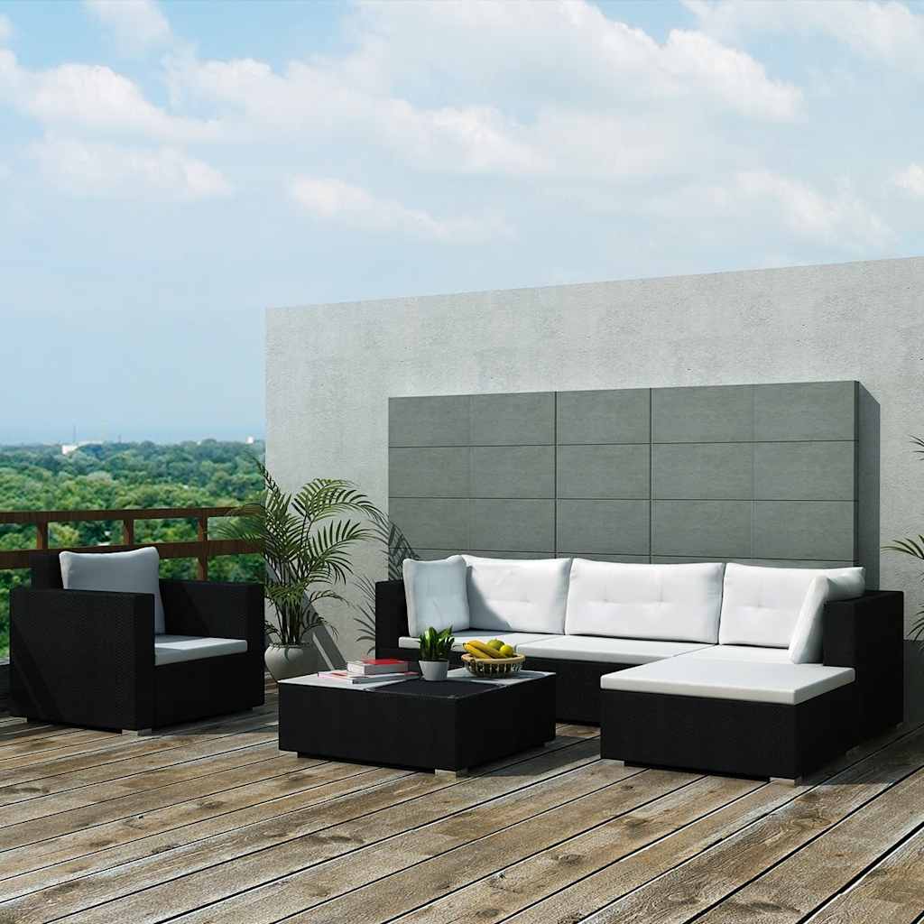 vidaXL 6-tlg. Garten-Lounge-Set mit Kissen Poly Rattan Schwarz