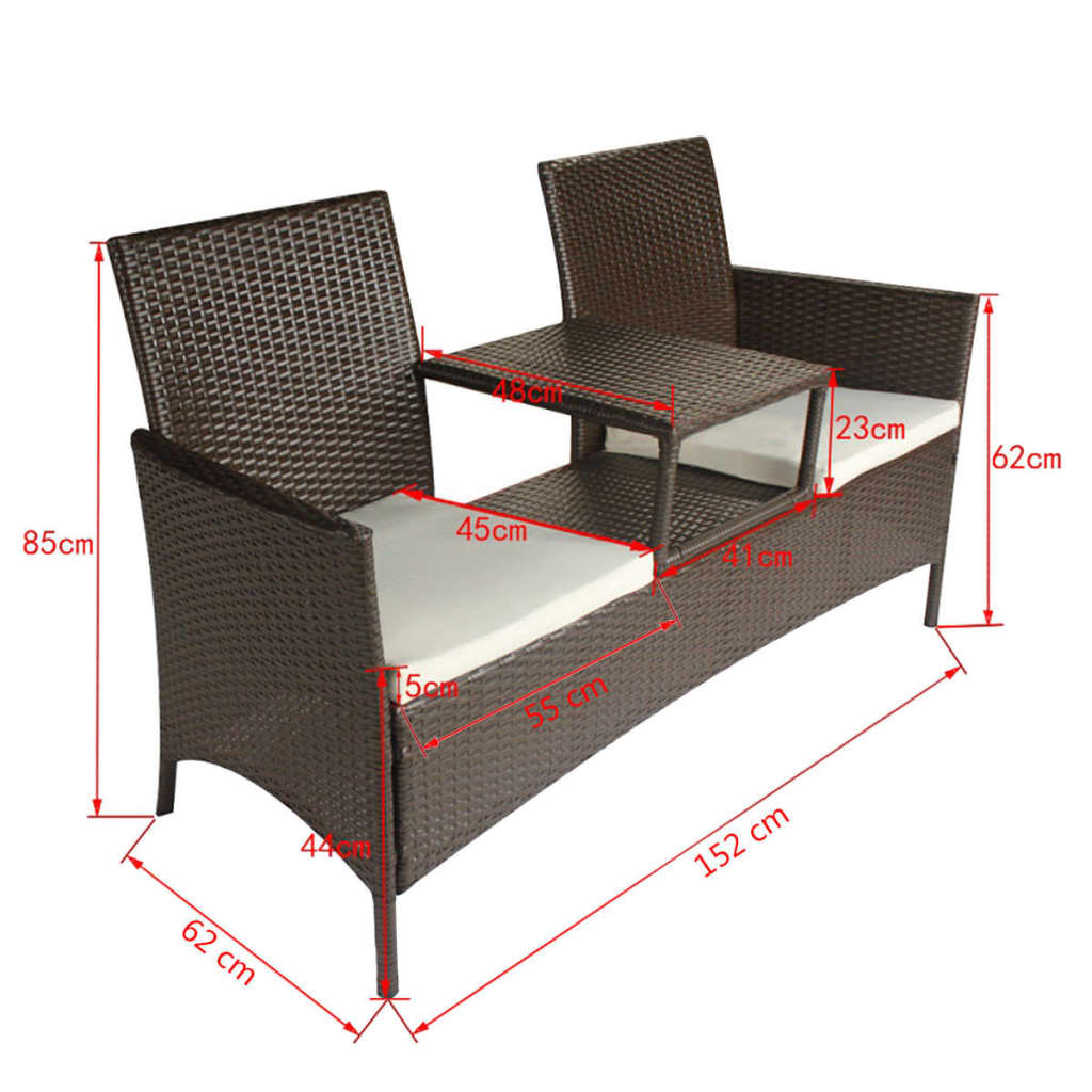 vidaXL Gartensofa 2-Sitzer mit Teetisch Poly Rattan Braun