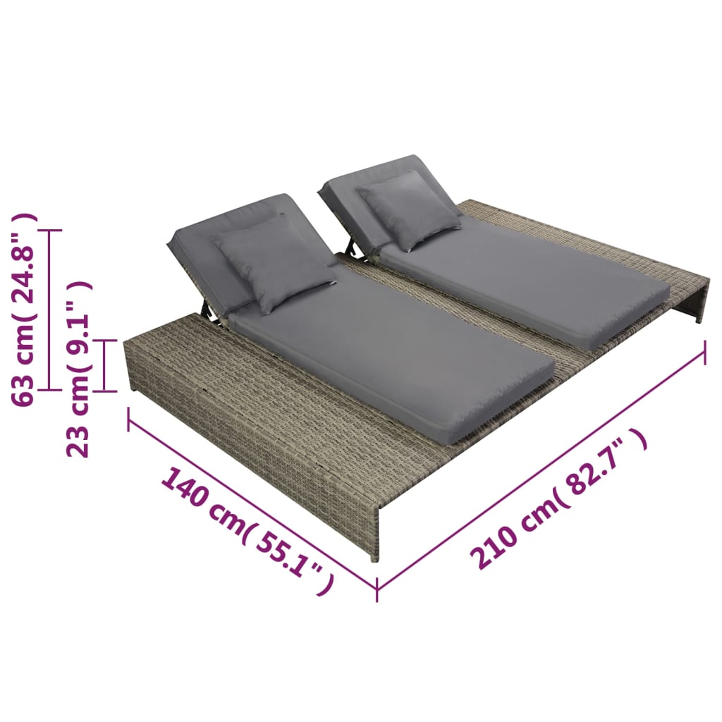 vidaXL Doppel-Sonnenliege mit Auflage Poly Rattan Grau
