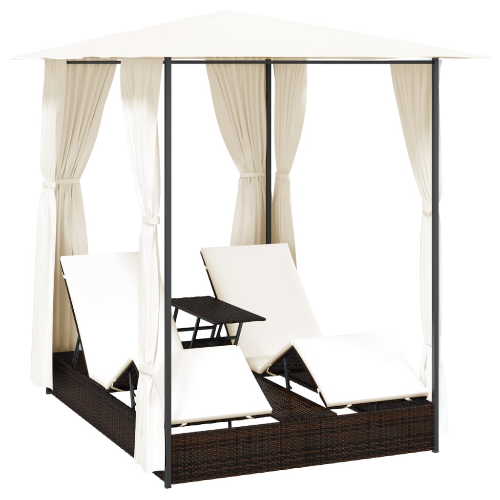vidaXL Doppel-Sonnenliege mit Vorhang Poly Rattan Braun