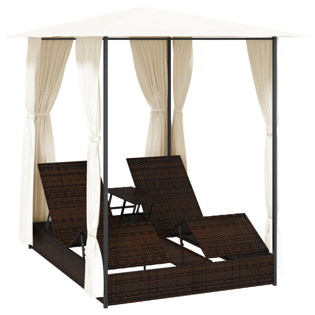 vidaXL Doppel-Sonnenliege mit Vorhang Poly Rattan Braun