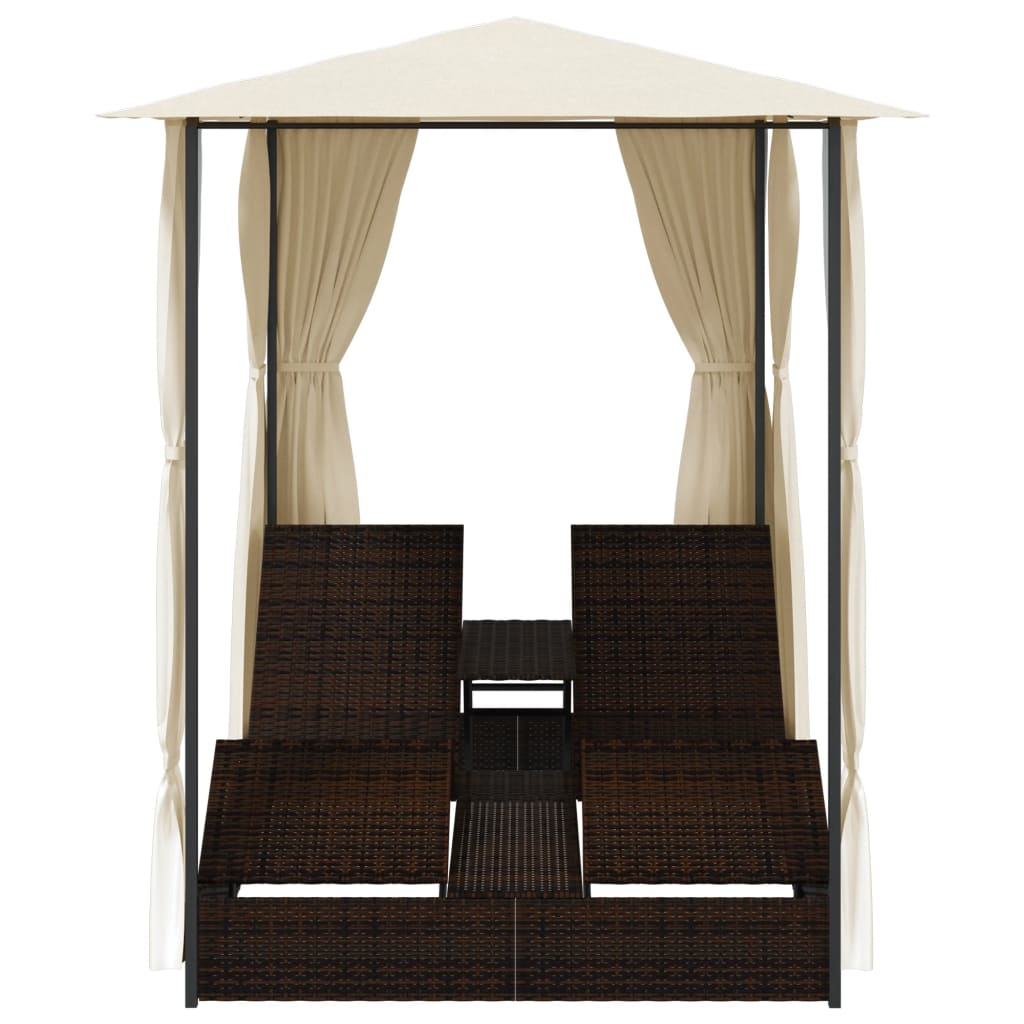 vidaXL Doppel-Sonnenliege mit Vorhang Poly Rattan Braun