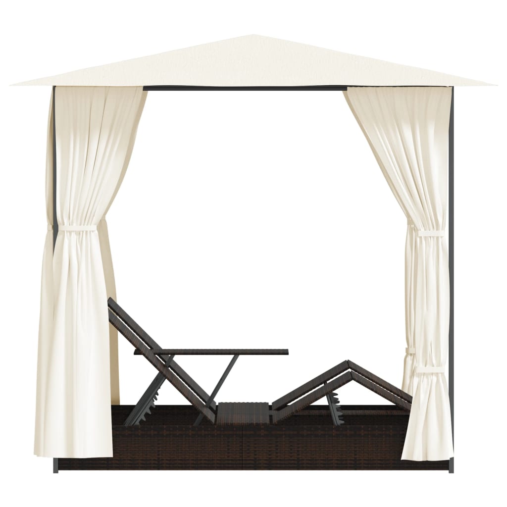 vidaXL Doppel-Sonnenliege mit Vorhang Poly Rattan Braun