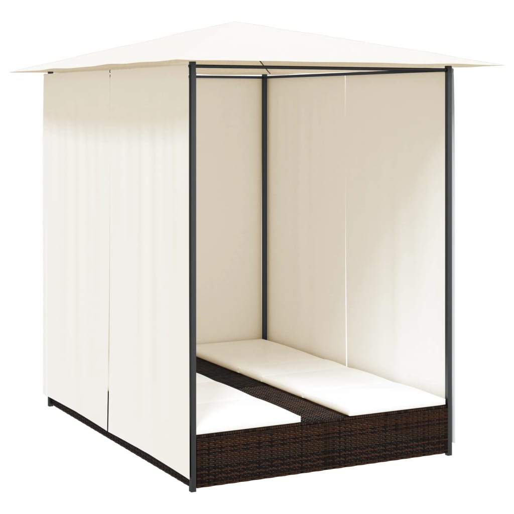 vidaXL Doppel-Sonnenliege mit Vorhang Poly Rattan Braun