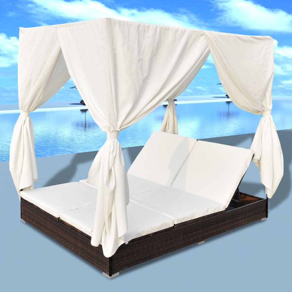 vidaXL Outdoor-Loungebett mit Vorhang Poly Rattan Braun
