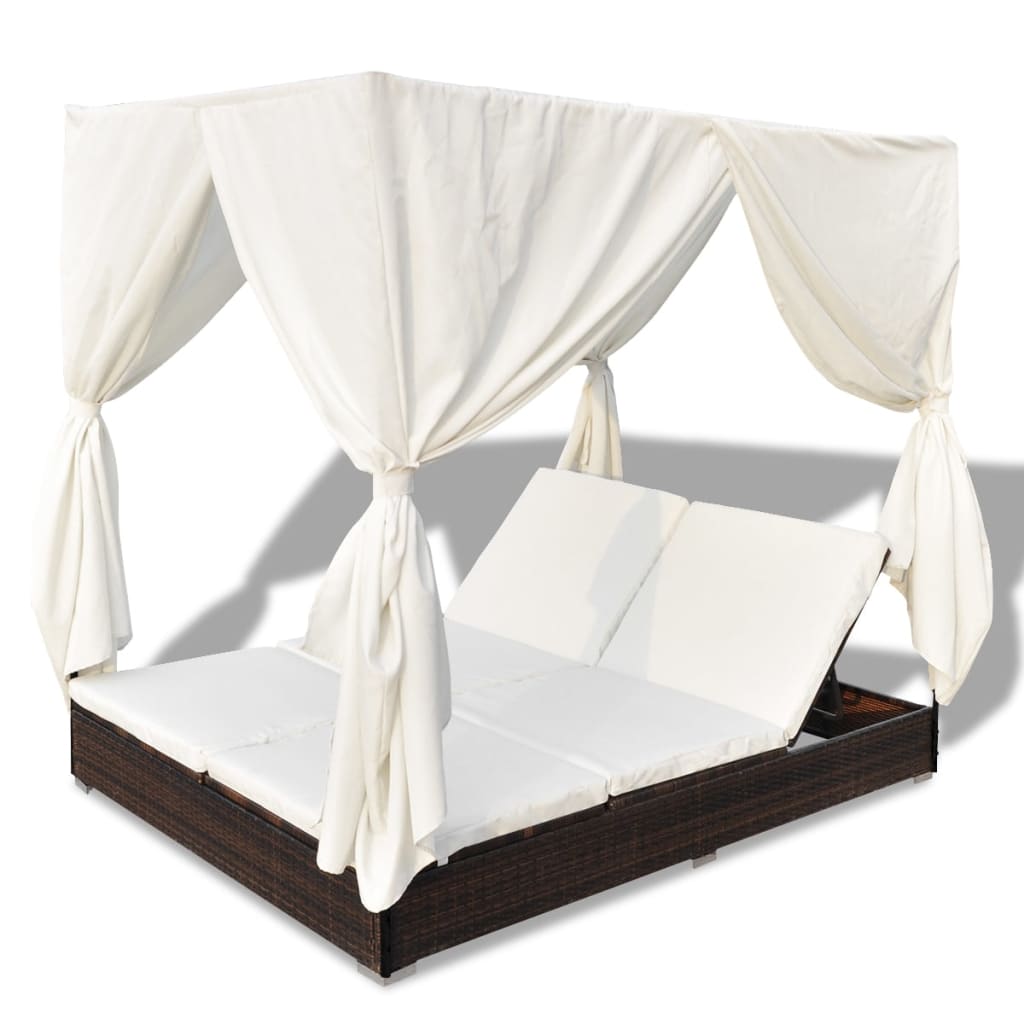 vidaXL Outdoor-Loungebett mit Vorhang Poly Rattan Braun