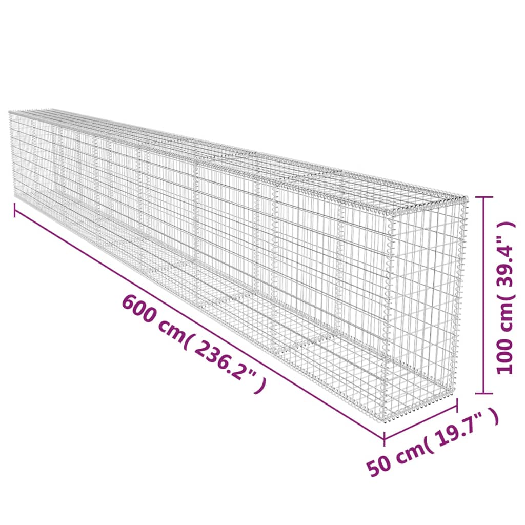 vidaXL Gabionenwand mit Abdeckung Verzinkter Stahl 600x50x100 cm