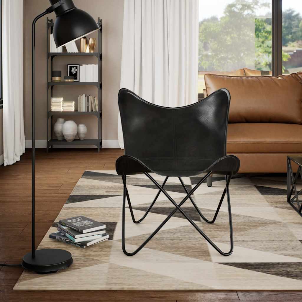 vidaXL Butterfly-Sessel Schwarz Echtleder