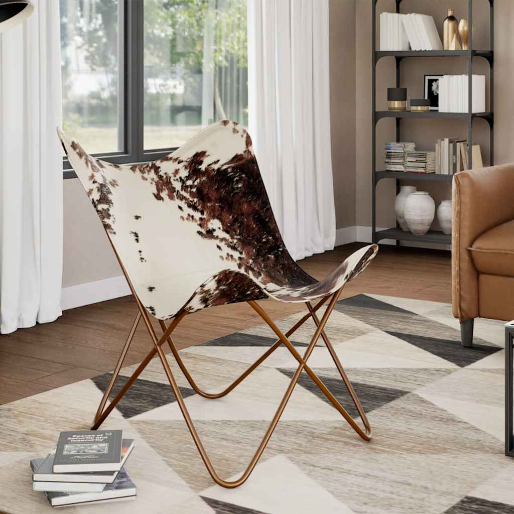 vidaXL Butterfly-Sessel Braun und Weiß Echtes Kuhfell