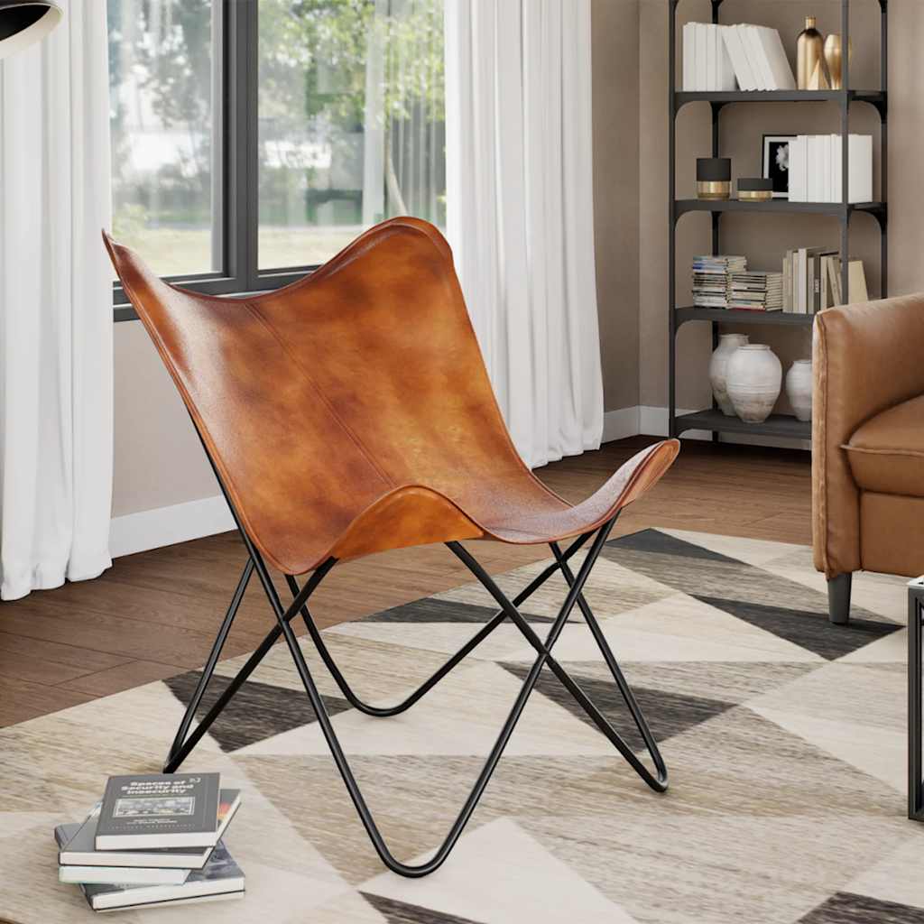 vidaXL Butterfly-Sessel Schwarz Echtleder