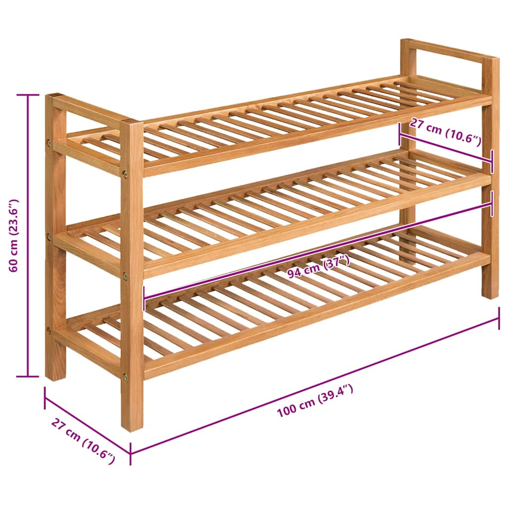 vidaXL Schuhregal mit 3 Etagen 100x27x60 cm Massivholz Eiche