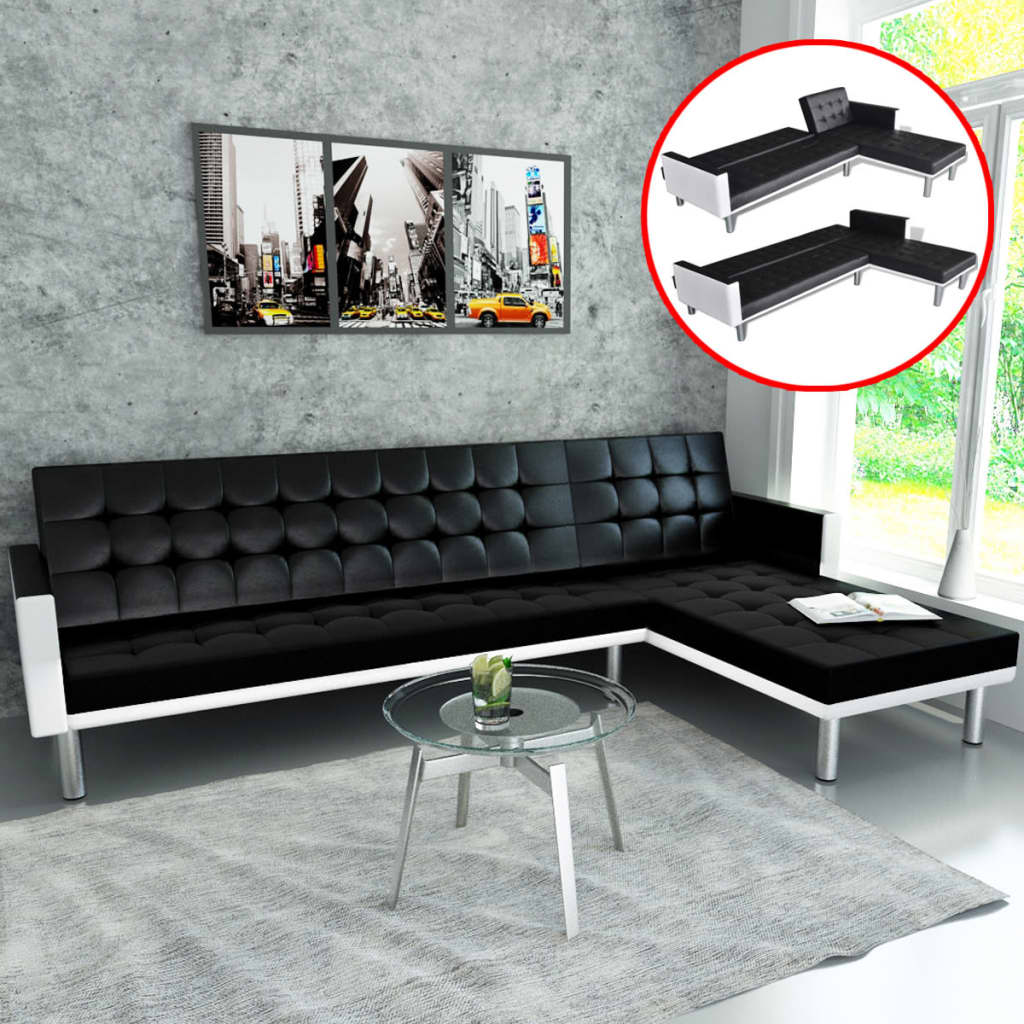 vidaXL Schlafsofa L-Form Kunstleder Schwarz