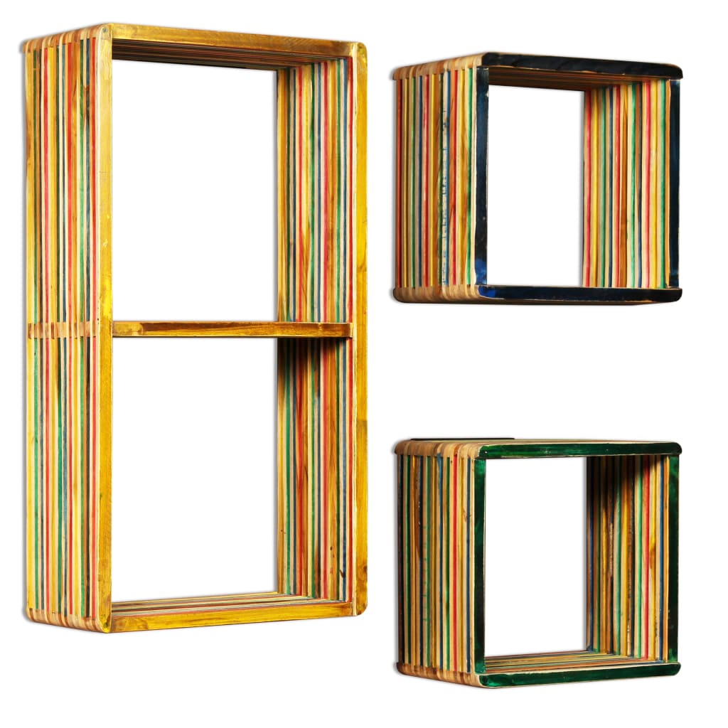 vidaXL 3-tlg. Wandregal-Set Recyceltes Massivholz Teak Mehrfarbig