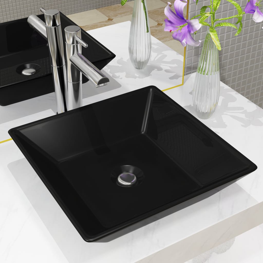 vidaXL Waschbecken Keramik Quadratisch Schwarz 38 x 38 x 13,5 cm