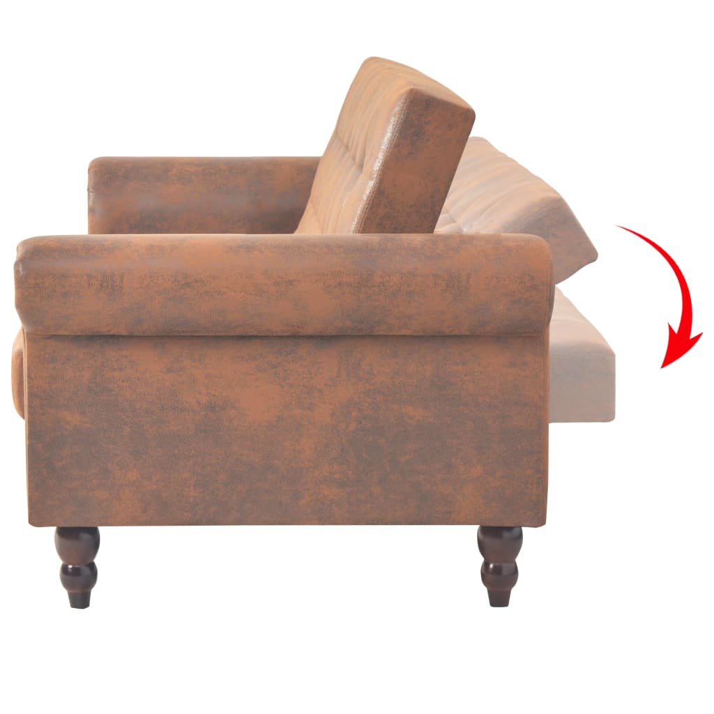 vidaXL 2-Sitzer Schlafsofa mit Armlehnen Künstliches Wildleder Braun