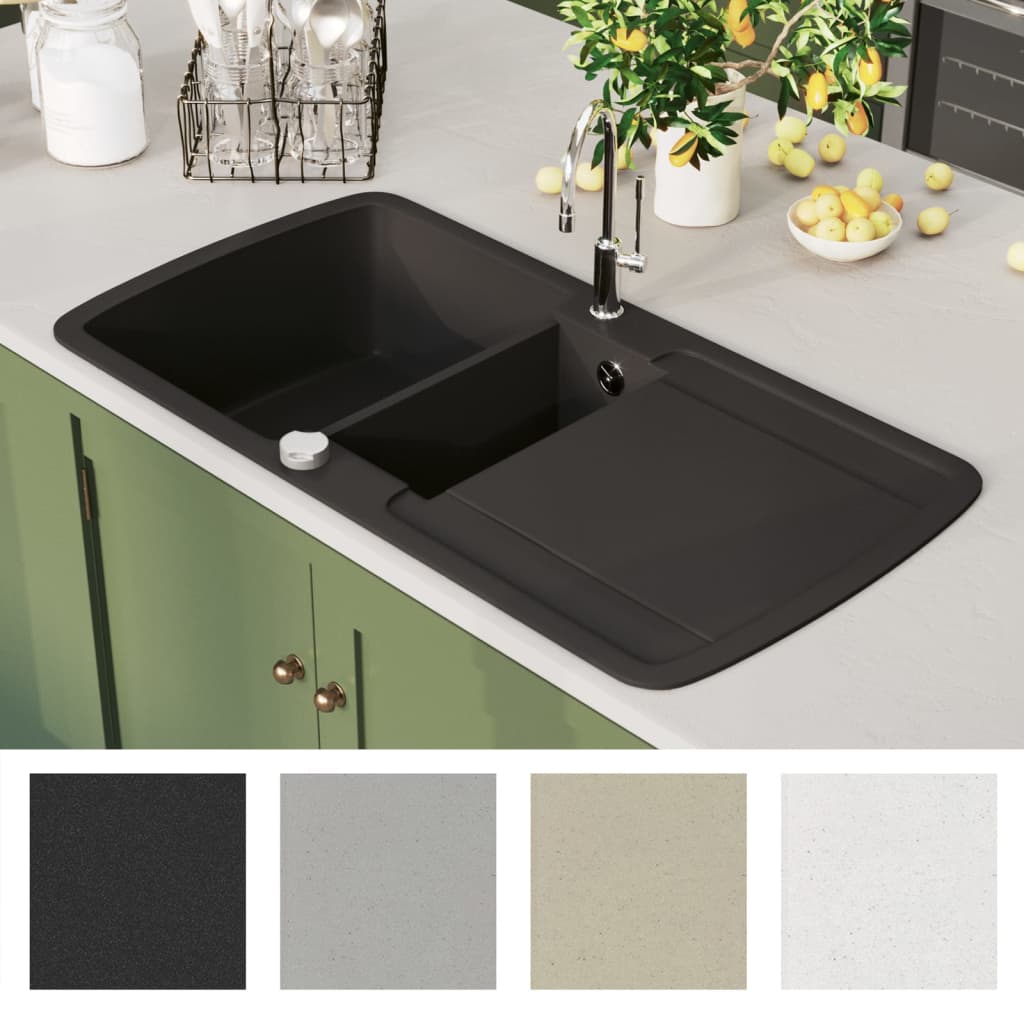 vidaXL Granit Spülbecken Doppelbecken Schwarz