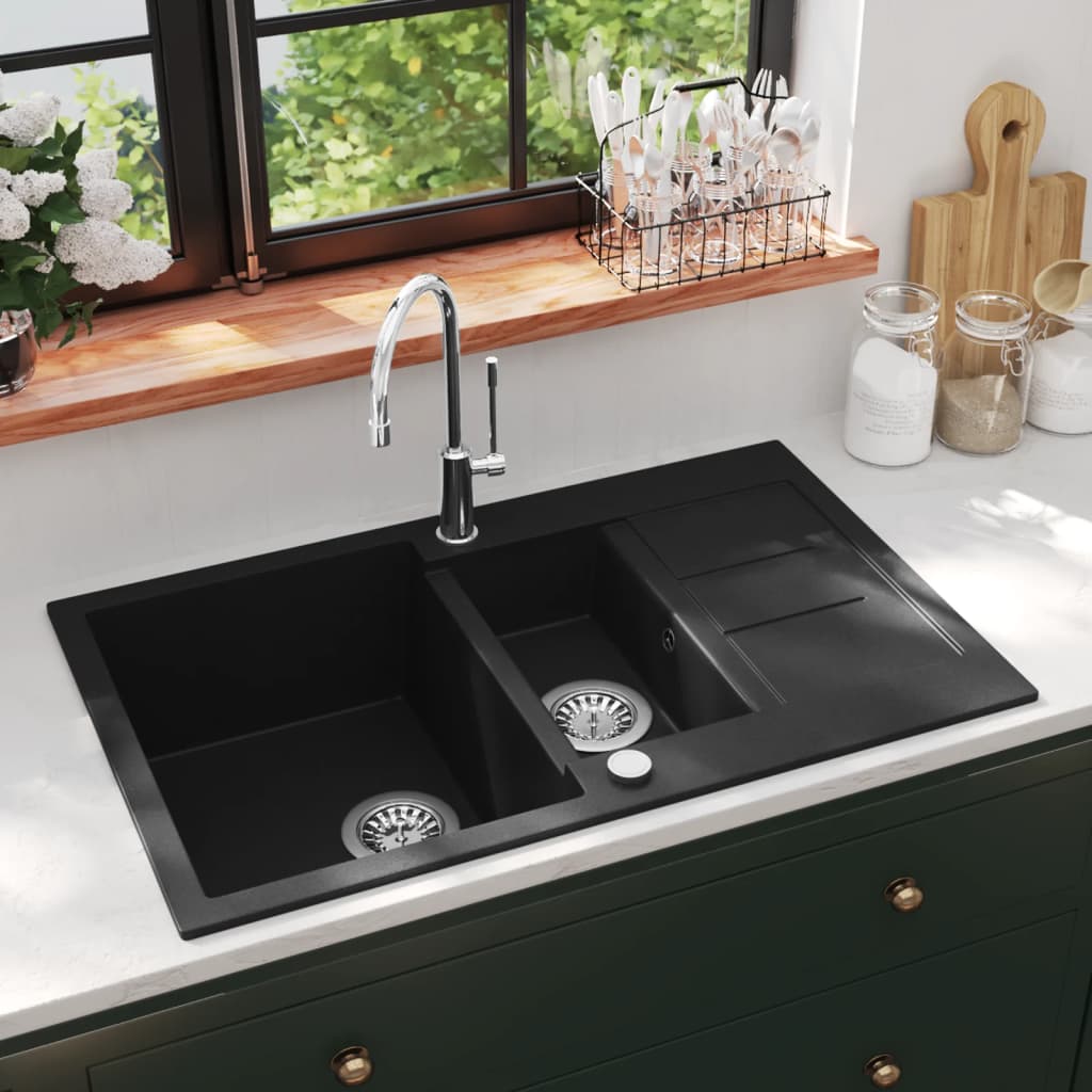 vidaXL Granitspüle Doppelbecken Grau