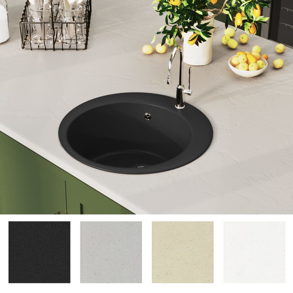 vidaXL Granitspüle Einzelbecken Rund Schwarz