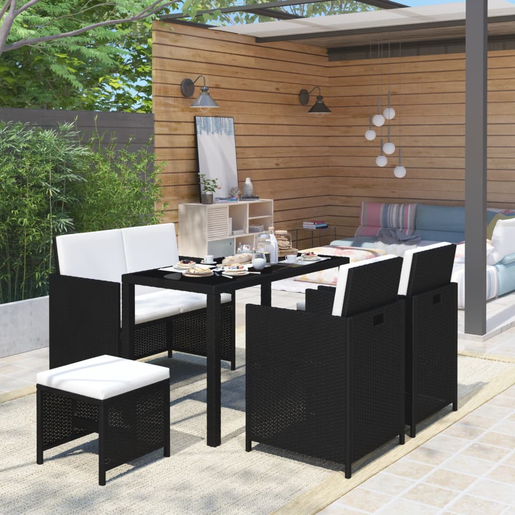 vidaXL 6-tlg. Garten-Essgruppe mit Auflagen Poly Rattan Schwarz