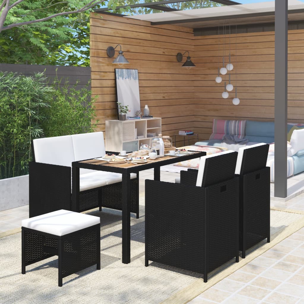 vidaXL 6-tlg. Garten-Essgruppe Poly Rattan Akazie Massivholz Schwarz