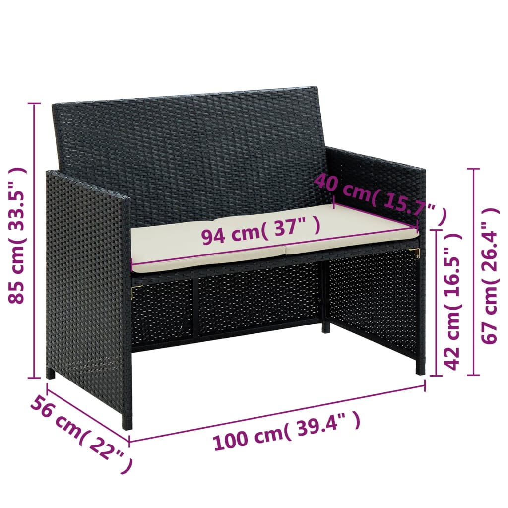 vidaXL 2-Sitzer-Gartensofa mit Polstern Schwarz Poly Rattan