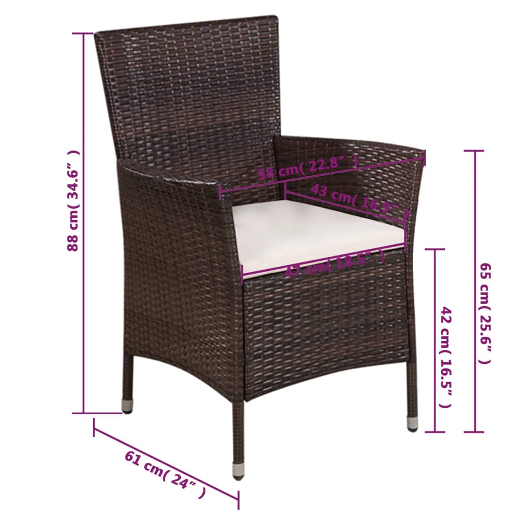 vidaXL Gartenstuhl und Hocker mit Polstern Poly Rattan Braun