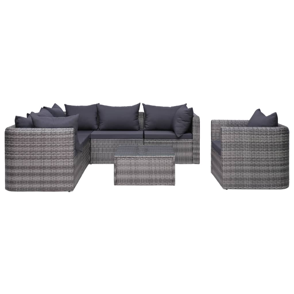 vidaXL 7-tlg. Garten-Sofagarnitur mit Polster&Kissen Poly Rattan Grau