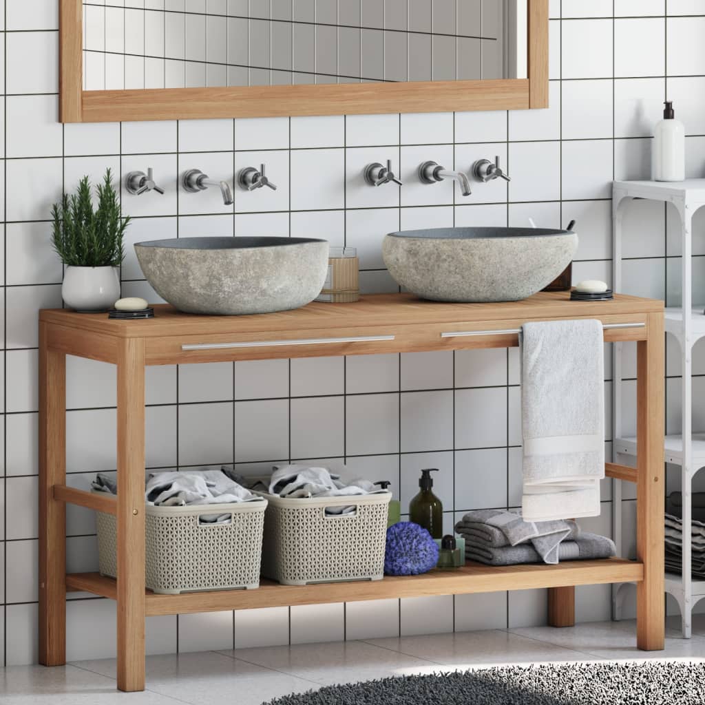 vidaXL Waschtischunterschrank Teak Massiv mit Flussstein Waschbecken