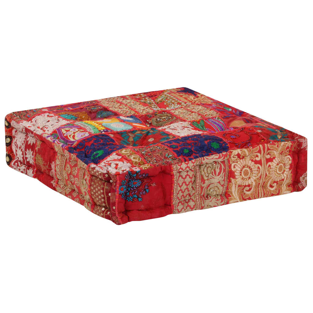 vidaXL Pouf Flickwerk Quadrat Baumwolle Handgefertigt 50×50×12 cm Rot