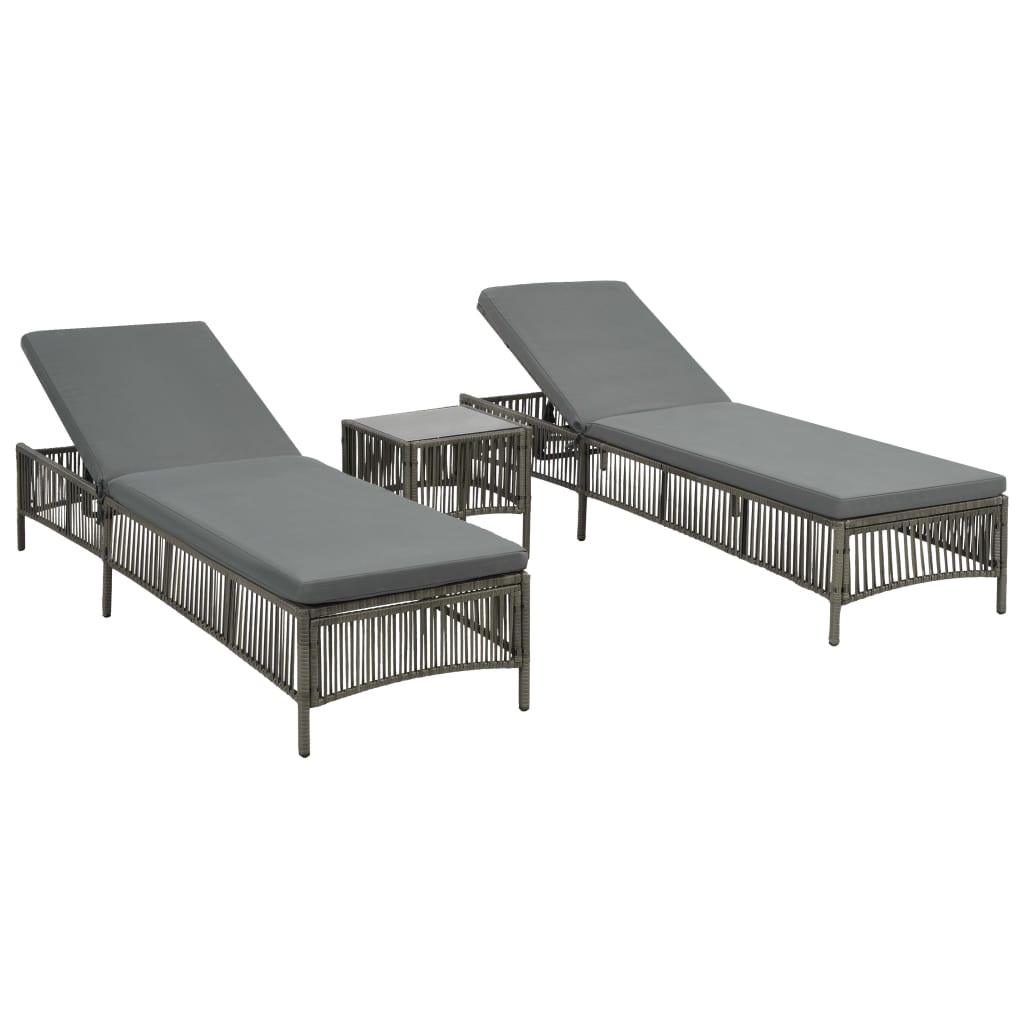 vidaXL Sonnenliegen 2 Stk. mit Tisch Poly Rattan Grau