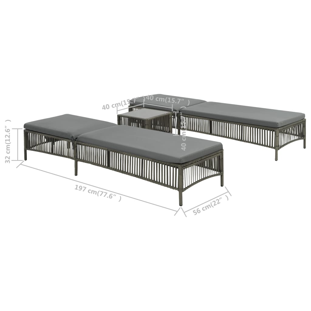 vidaXL Sonnenliegen 2 Stk. mit Tisch Poly Rattan Grau