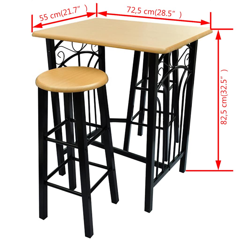 vidaXL Bartisch- und Hocker-Set 3-tlg. Holz und Stahl