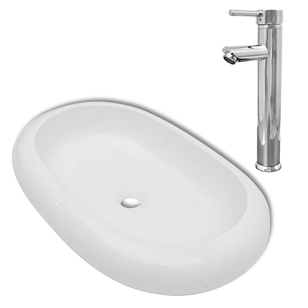 vidaXL Bad-Waschbecken mit Mischbatterie Keramik Oval Weiß
