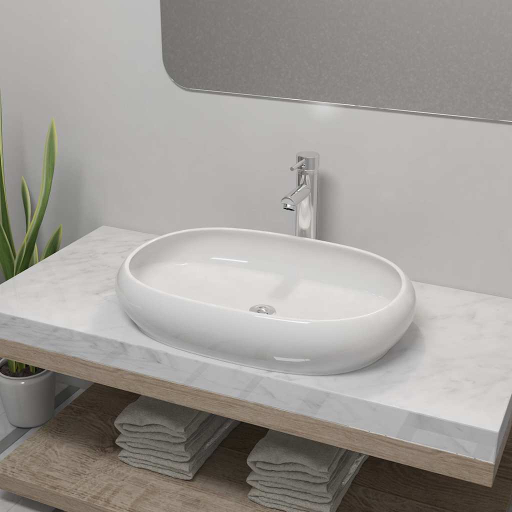 vidaXL Bad-Waschbecken mit Mischbatterie Keramik Oval Weiß