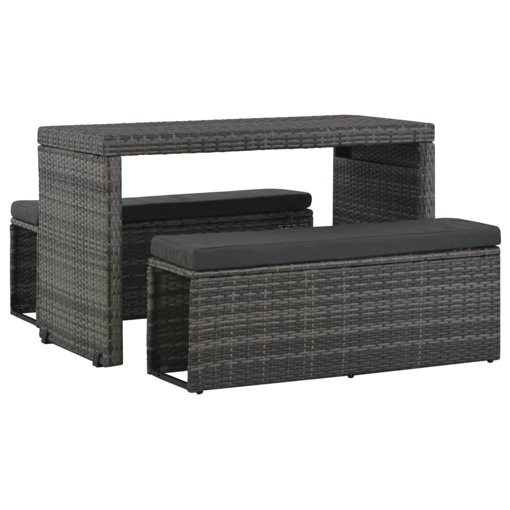 vidaXL 3-tlg. Garten-Essgruppe mit Kissen Poly Rattan Grau