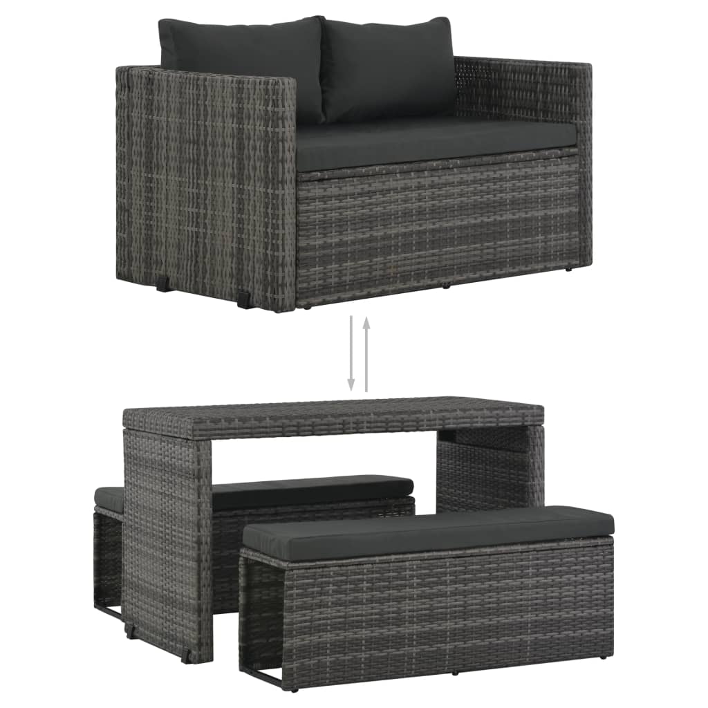 vidaXL 3-tlg. Garten-Essgruppe mit Kissen Poly Rattan Grau