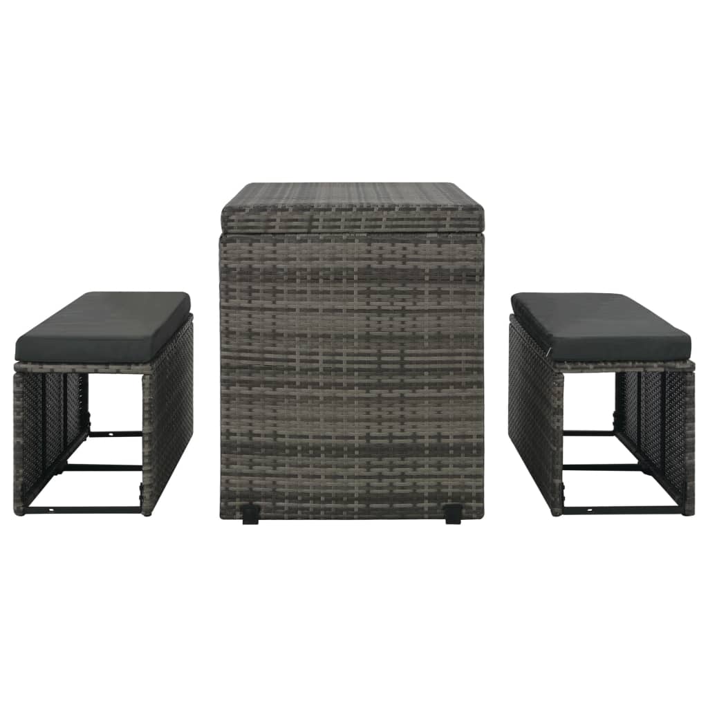 vidaXL 3-tlg. Garten-Essgruppe mit Kissen Poly Rattan Grau