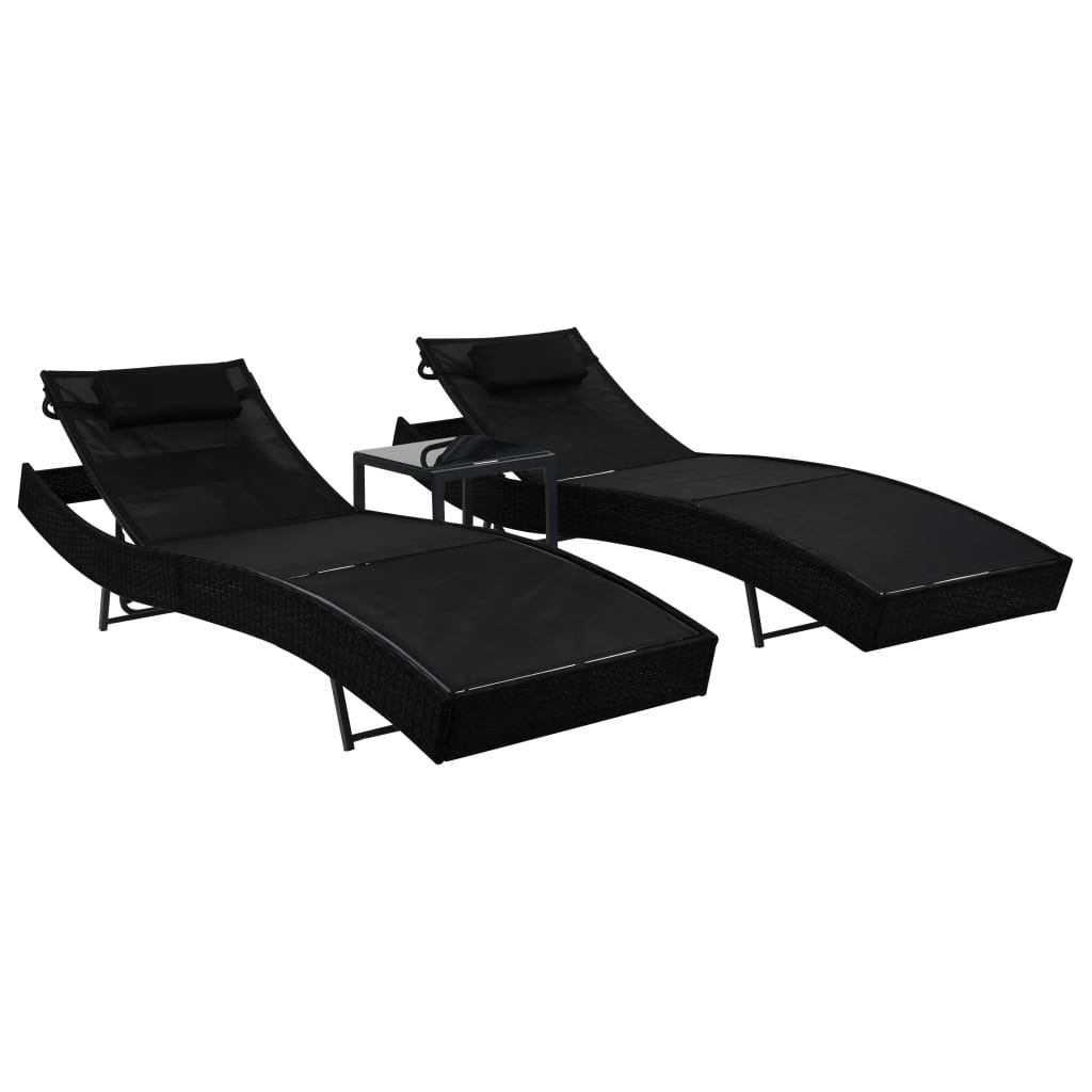 vidaXL Sonnenliegen 2 Stk. mit Tisch Poly Rattan und Textilene Schwarz