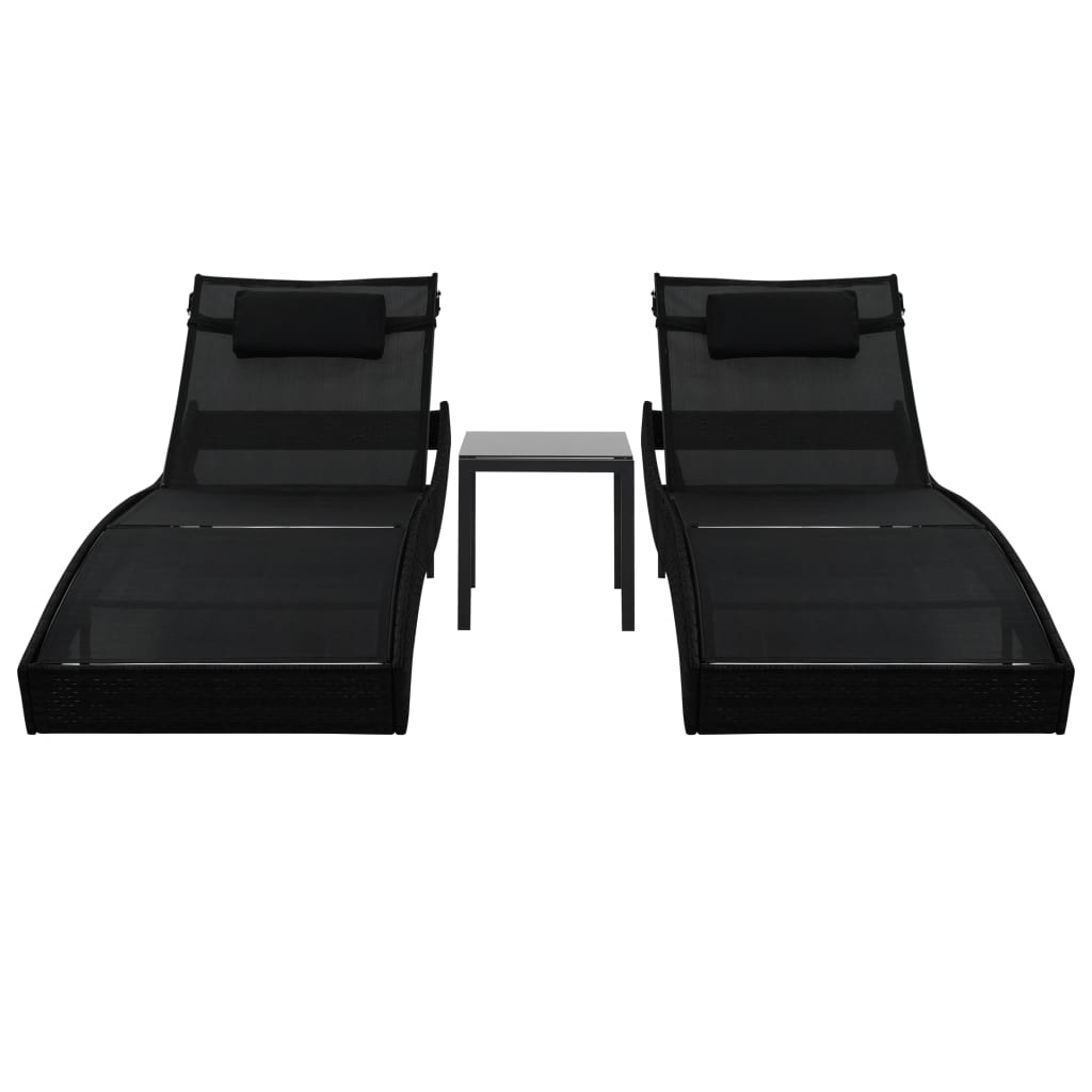 vidaXL Sonnenliegen 2 Stk. mit Tisch Poly Rattan und Textilene Schwarz