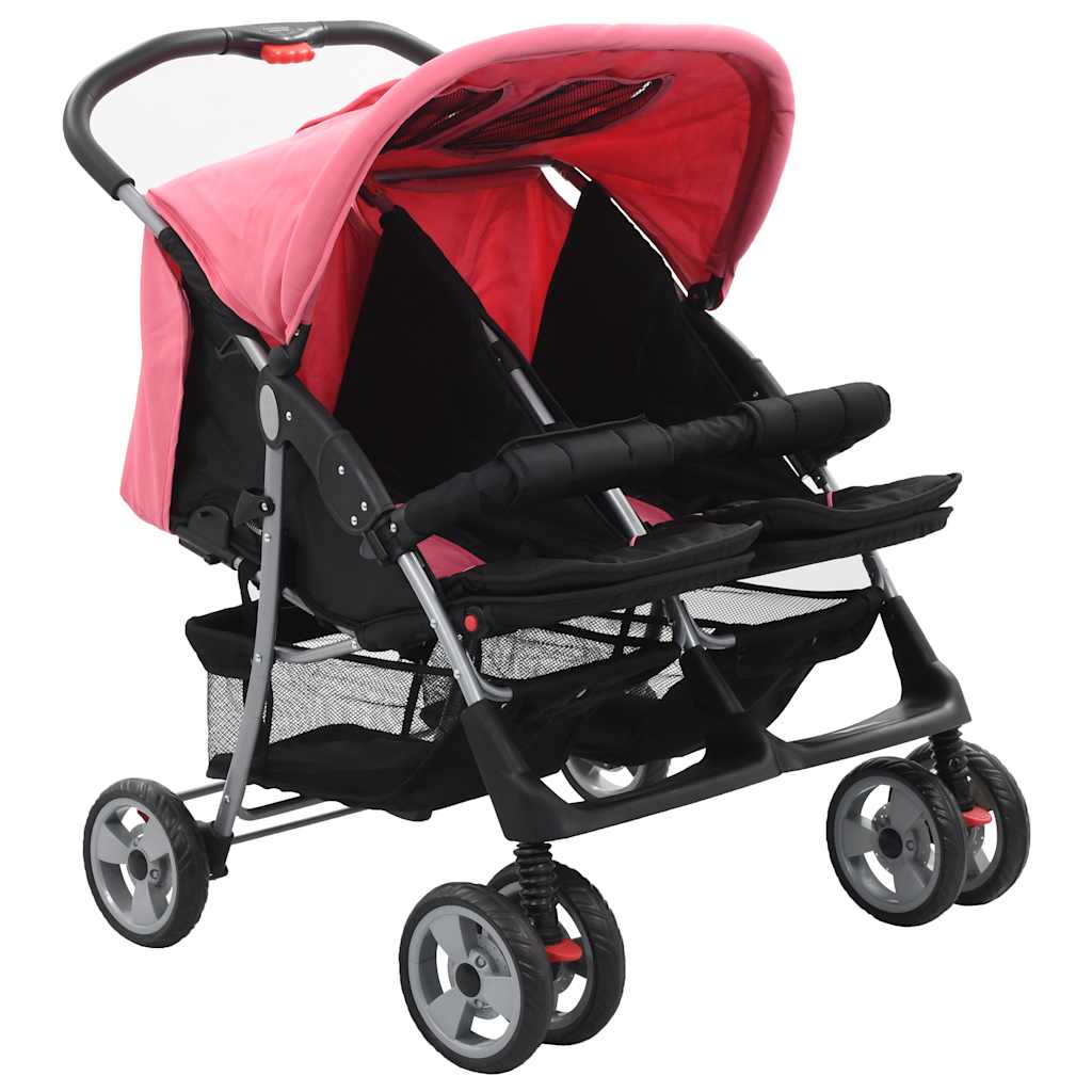 vidaXL Zwillingskinderwagen Rosa und Schwarz Stahl