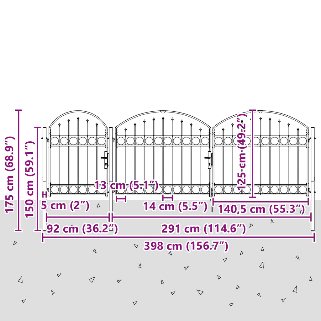 vidaXL Gartentor mit gewölbtem Oberteil ASSEN 400 x 175 cm Stahl