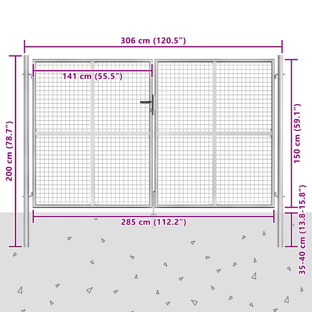 vidaXL Gartentor Verzinkter Stahl 306 x 200 cm Silbern