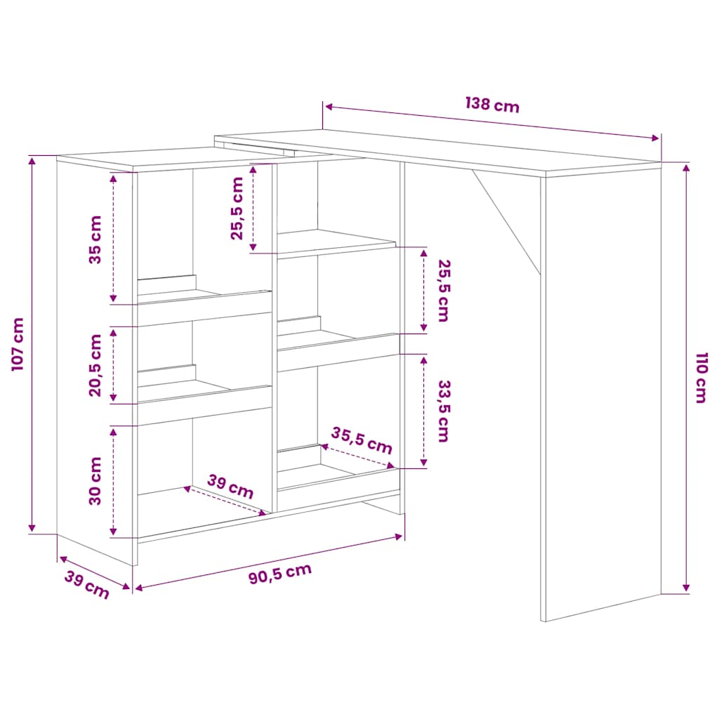 vidaXL Bartisch mit Beweglichem Regal Eichenbraun 138x39x110 cm